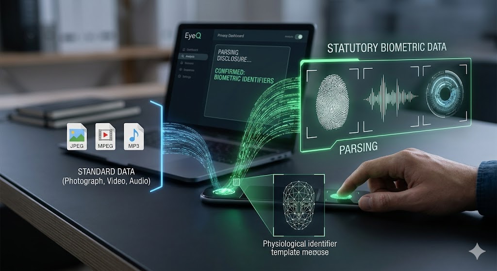 A conceptual image of a digital interface using glowing lines and labels as statutory biometric data