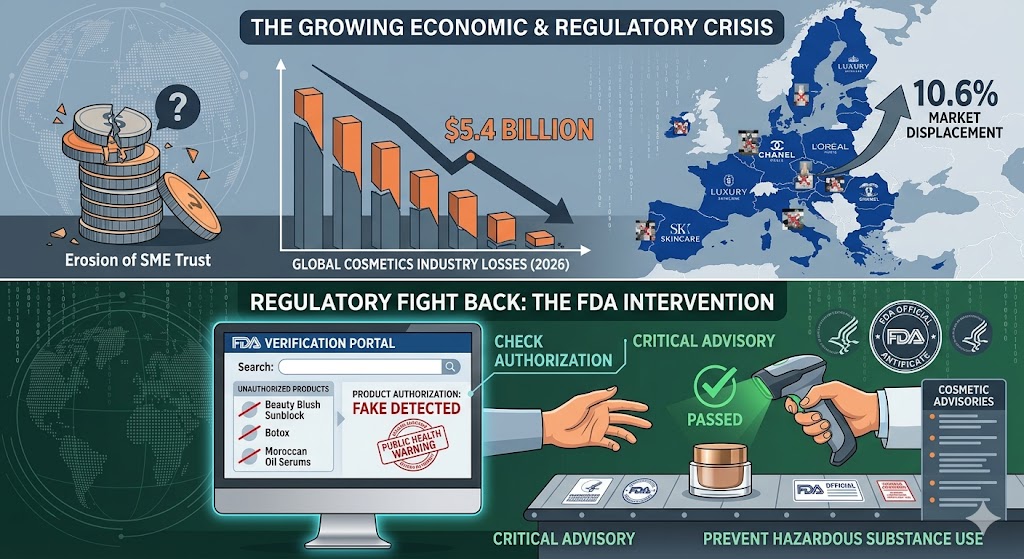 An infographic with multiple sections illustrating a global crisis of counterfeit luxury skincare products and the ensuing regulatory response