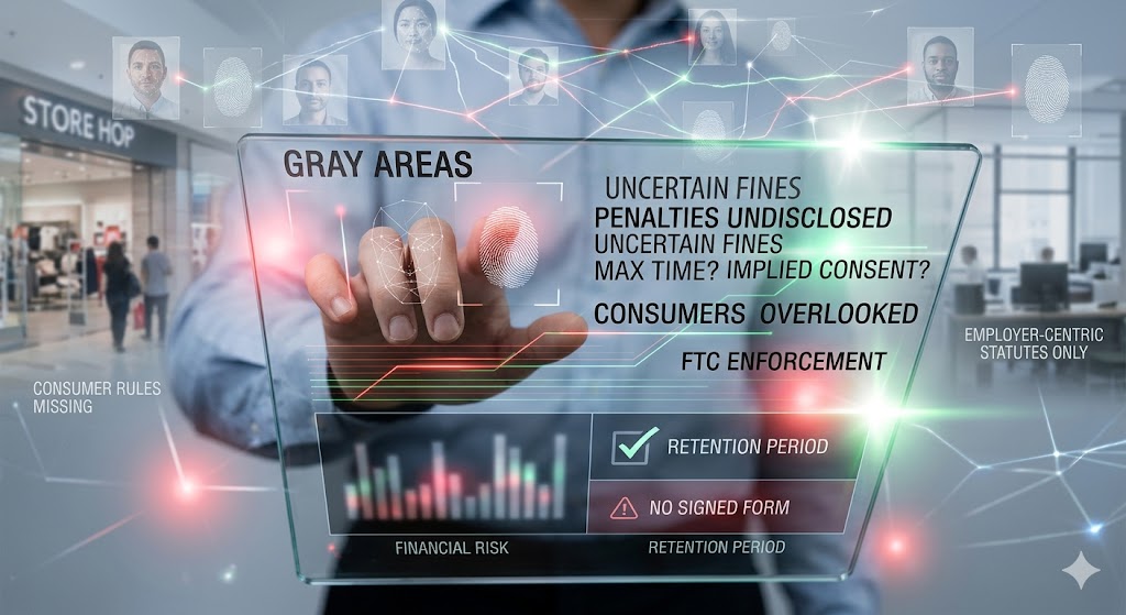 conceptual image of a futuristic hand interface displaying glowing red and green text overlays about biometric data risks