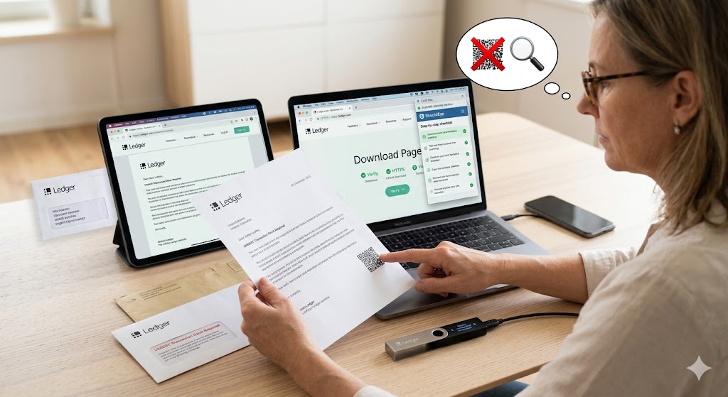 A user performing a step-by-step verification checklist to identify hardware wallet phishing
