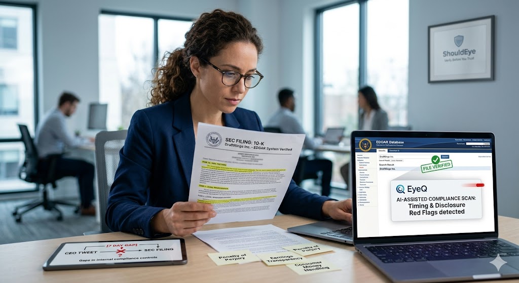 A person is at a desk, carefully comparing a physical "SEC Filing: 10-K" document and a laptop screen displaying the SEC's EDGAR database