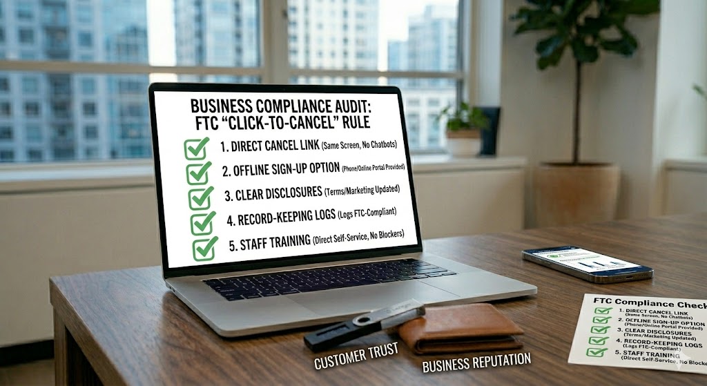 A laptop on a wooden desk displays a business compliance audit checklist for the FTC "Click-to-Cancel" rule
