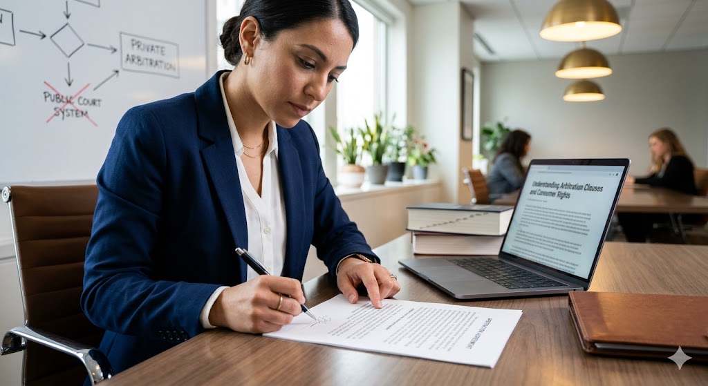 A woman pointing to fine print in a document with a laptop displaying "Understanding Arbitration Clauses and Consumer Rights"