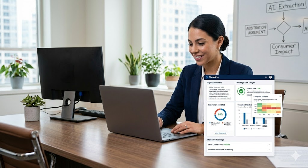 A businesswoman smiles while looking at a laptop screen in a modern office, next to a detailed data overlay titled "ShouldEye Risk Analysis."