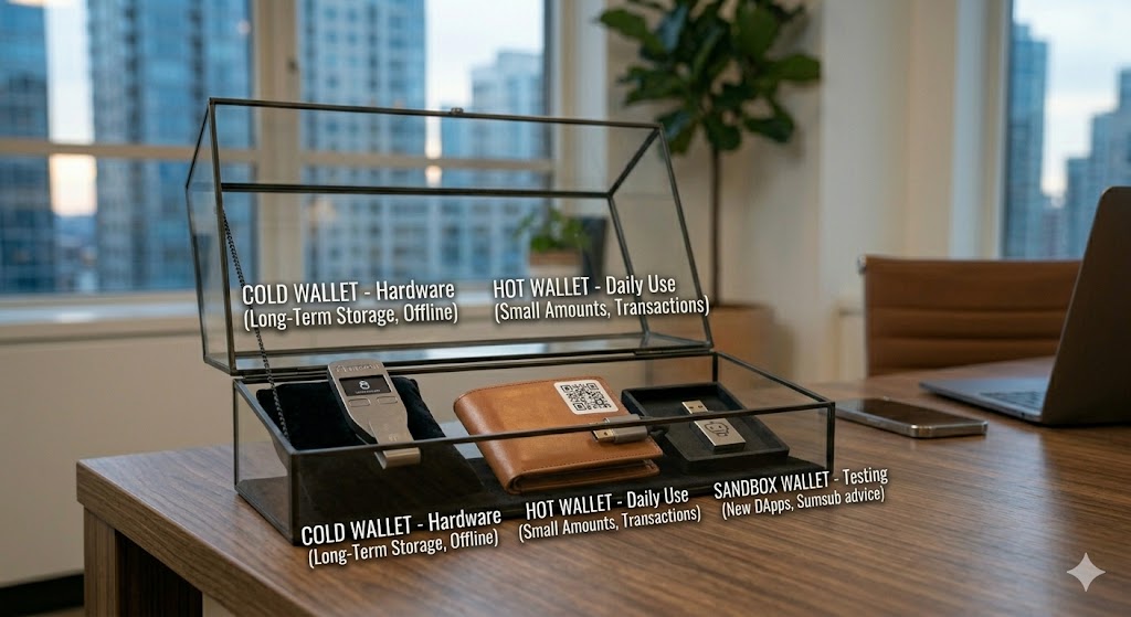 A glass display case on a wooden desk contains three distinct types of cryptocurrency storage