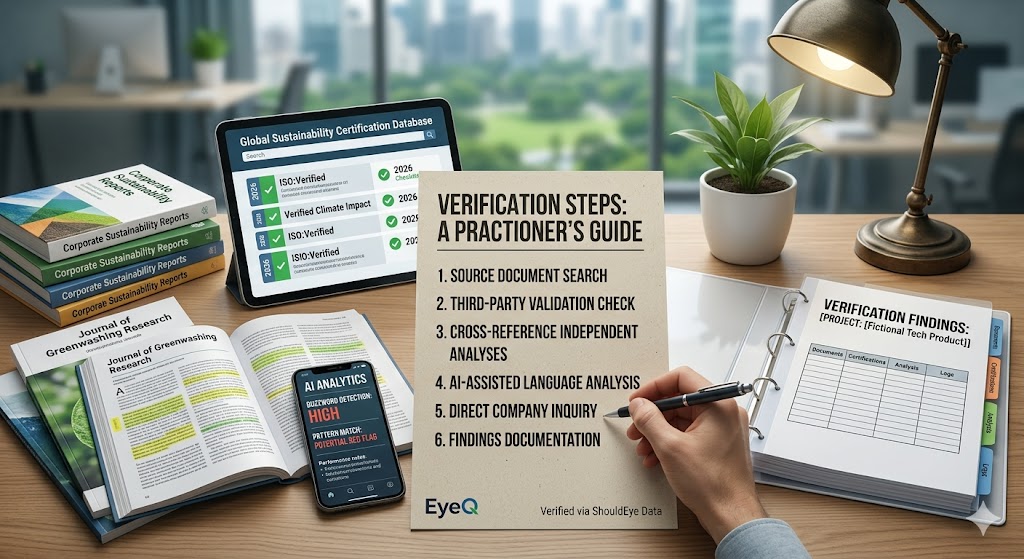 A analyst’s desk shows a step-by-step 'Practitioner’s Guide' for verifying sustainability claims