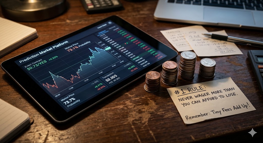 A tablet displaying a prediction market graph with transaction fees listed alongside stacks of coins