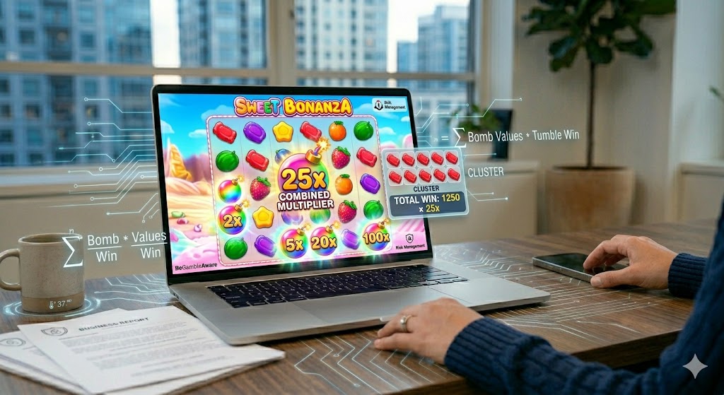 player watching a Sweet Bonanza game on a silver laptop screen
