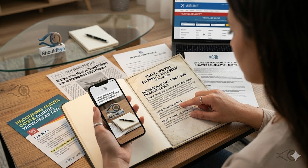 A woman seen from behind meticulous compares paper and digital documents on a wooden desk