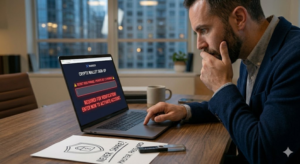 A man looks with worry at a laptop screen where a phishing attempt asks for his secret seed phrase