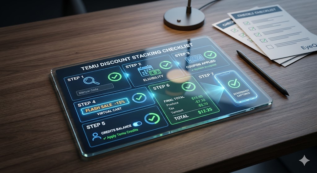 A conceptual image of a glass tablet on a desk, displaying a glowing digital 'Temu Discount Stacking Checklist'