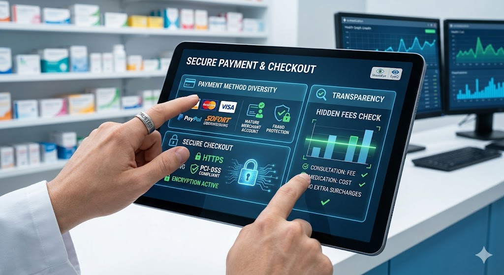An infographic-style illustration visualizing secure payment and checkout for an e-prescription service