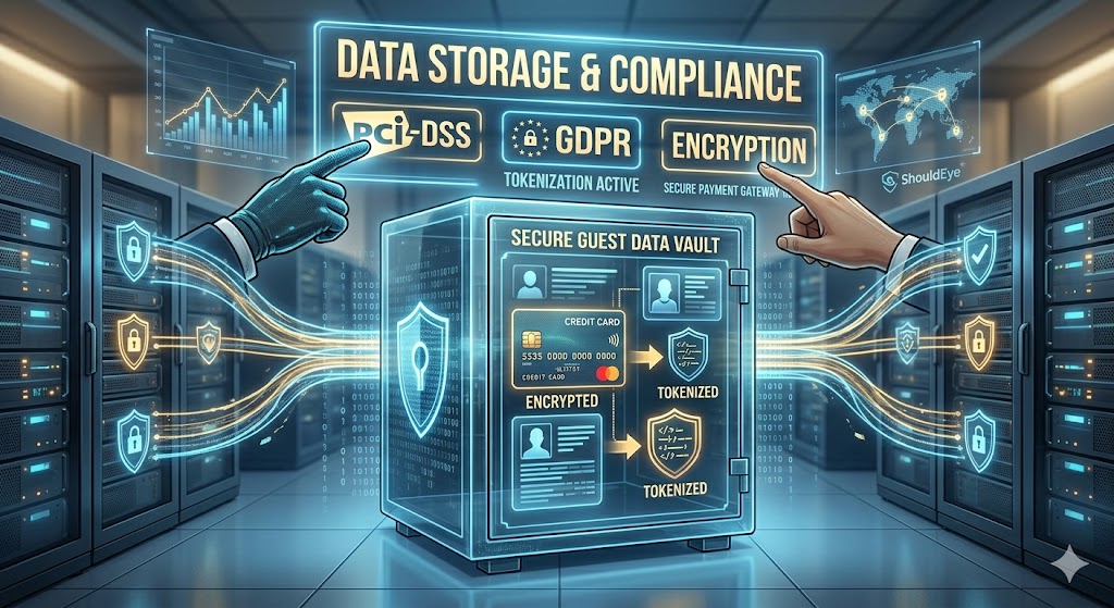 infographic illustration titled "DATA STORAGE & COMPLIANCE" visualizing a secure hotel server environment