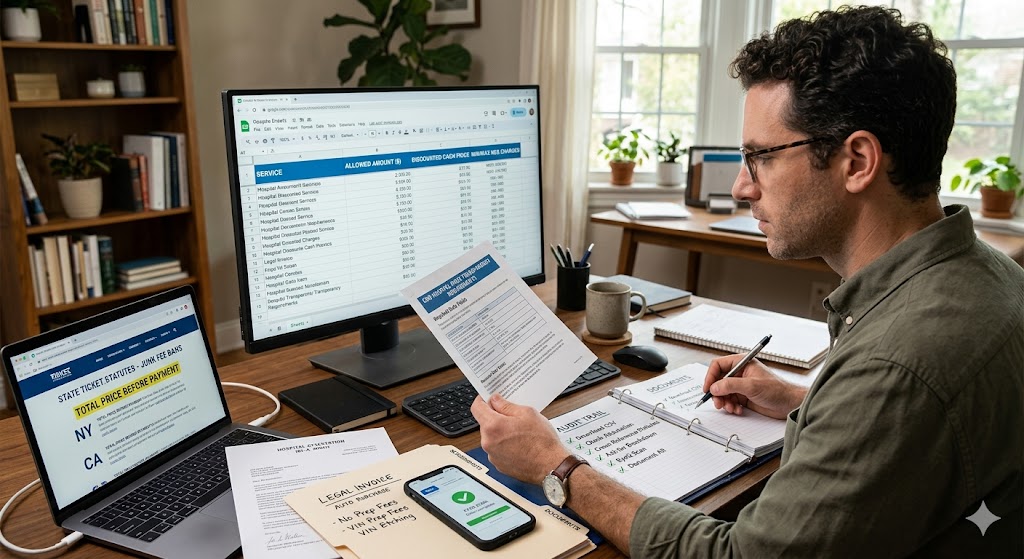 A consumer performs a medical billing audit at a desk with a computer