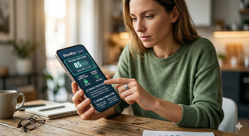 A woman holds the device which displays a comprehensive "ShouldEye | EyeQ" trust dashboard and analysis