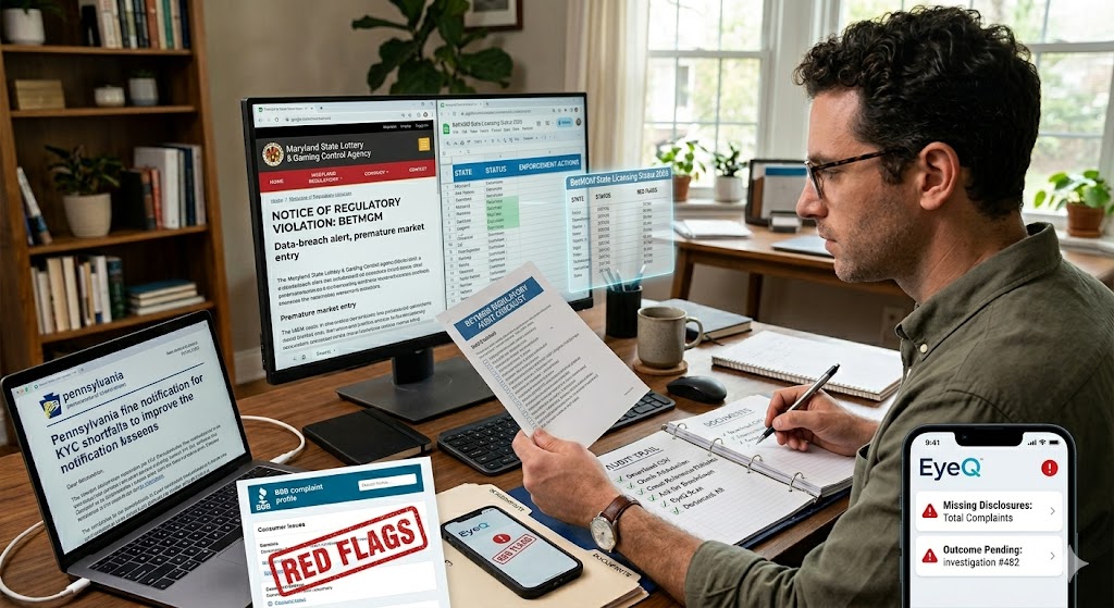 A user meticulously reviews a split-screen monitor displaying regulatory violations