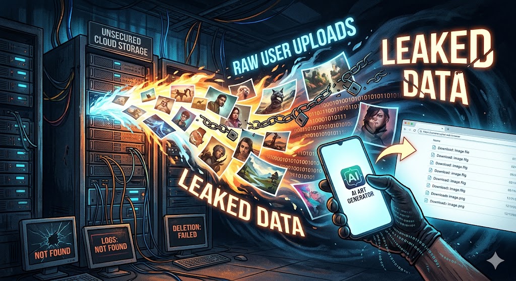 An infographic illustration visualizing a data leak from an AI art generator