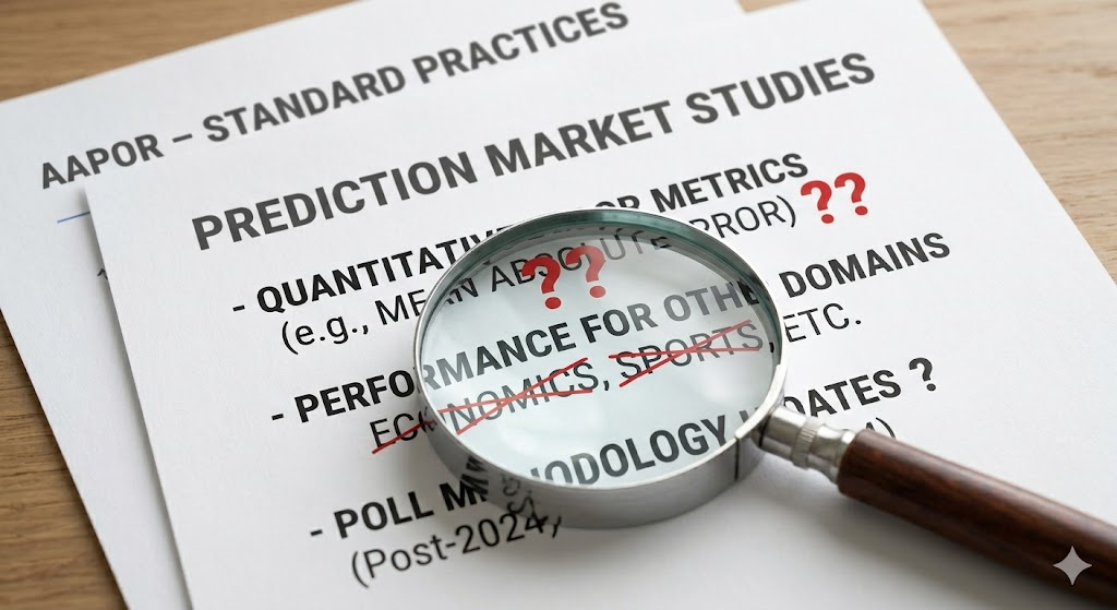 A magnifying glass over a document focusing on bullet points labeled 'PREDICTION MARKET STUDIES'
