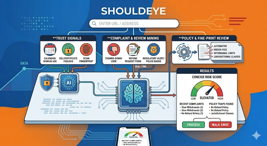 An infographic illustrating how ShouldEye processes data, showing the analysis of trust signals, user complaints, and policy fine print to generate a crypto risk score