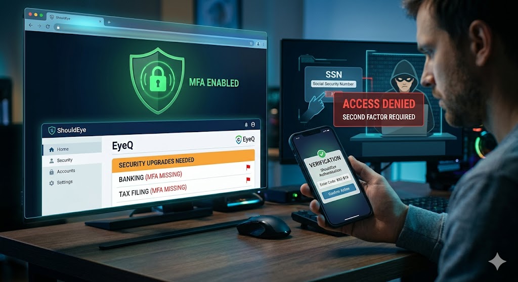 A high-tech cybersecurity scene where a multi-factor authentication (MFA) setup successfully stops a data breach