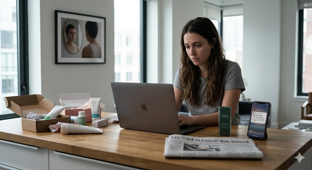 A weary woman navigates a confusing beauty subscription cancellation screen on her laptop