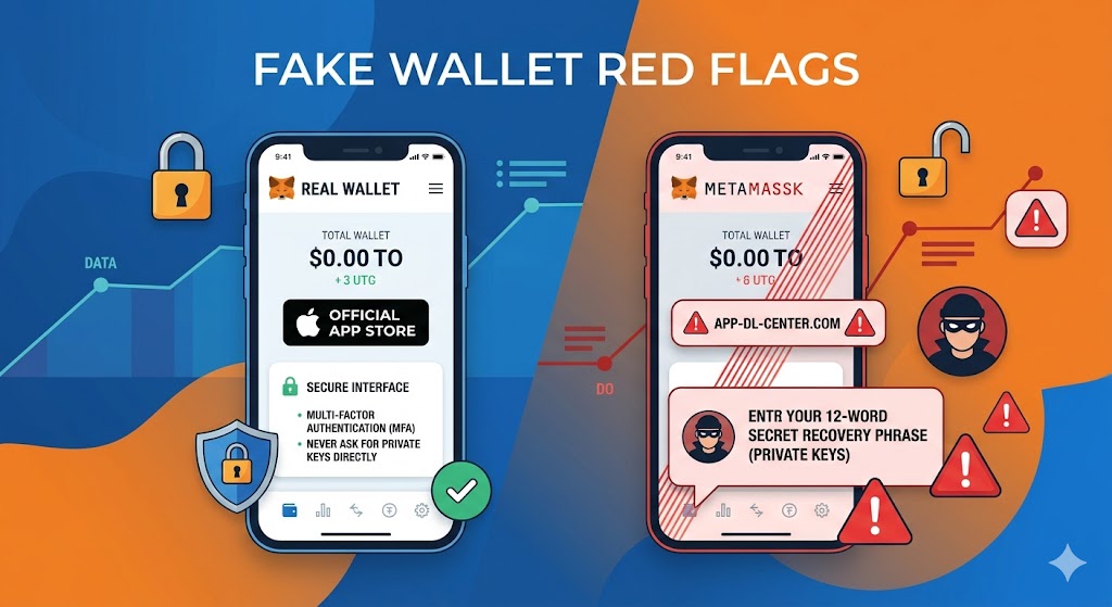 A visual comparison of a real and a fake crypto wallet app, showing common red flags