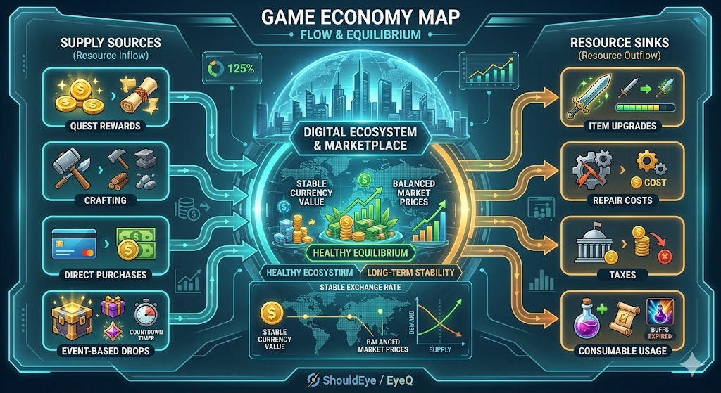 A detailed infographic visualizing the digital game economy flow