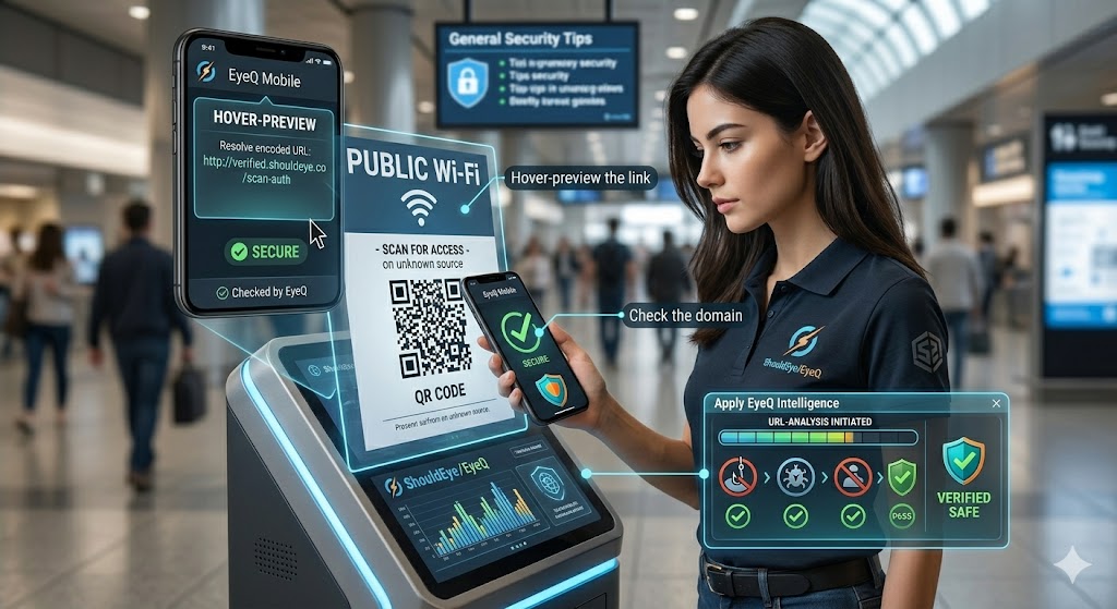 A close-up photograph of a user performing a verification check on a public QR code using the ShouldEye/EyeQ platform