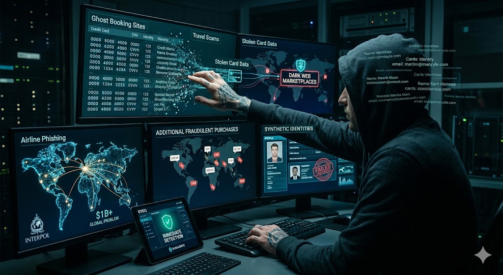 A hooded individual monitors multiple screens displaying "Ghost Booking Sites," "Travel Scams," and charts tracking "Stolen Card Data"