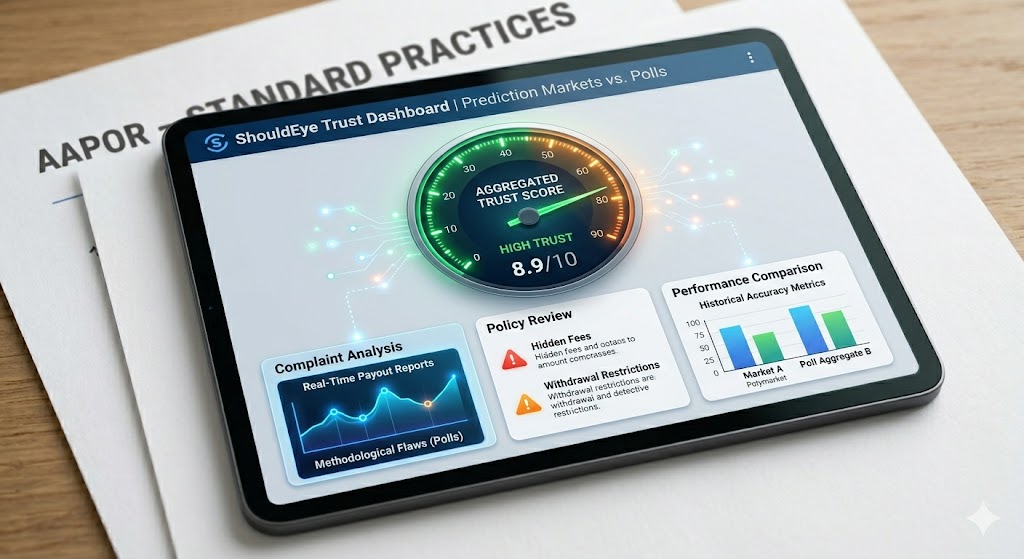 A tablet computer screen shows the ShouldEye AI dashboard, with a prominent 'Aggregated Trust Score' gauge pointing to 'High Trust'