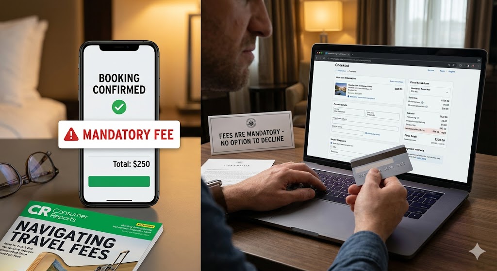 Split image comparing a clear booking alert for a mandatory $250 fee on a phone and a Consumer Reports guide