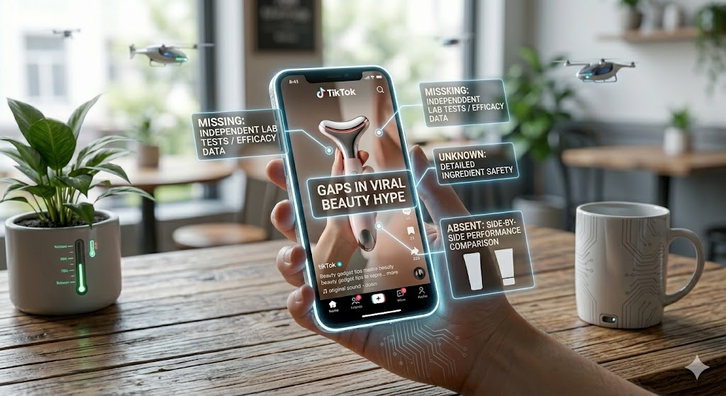 A close-up of a hand holding a glowing futuristic smartphone displaying a TikTok beauty video