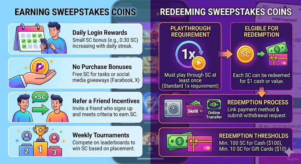 An informative infographic titled "Earning and Redeeming Sweepstakes Coins" split into two sections