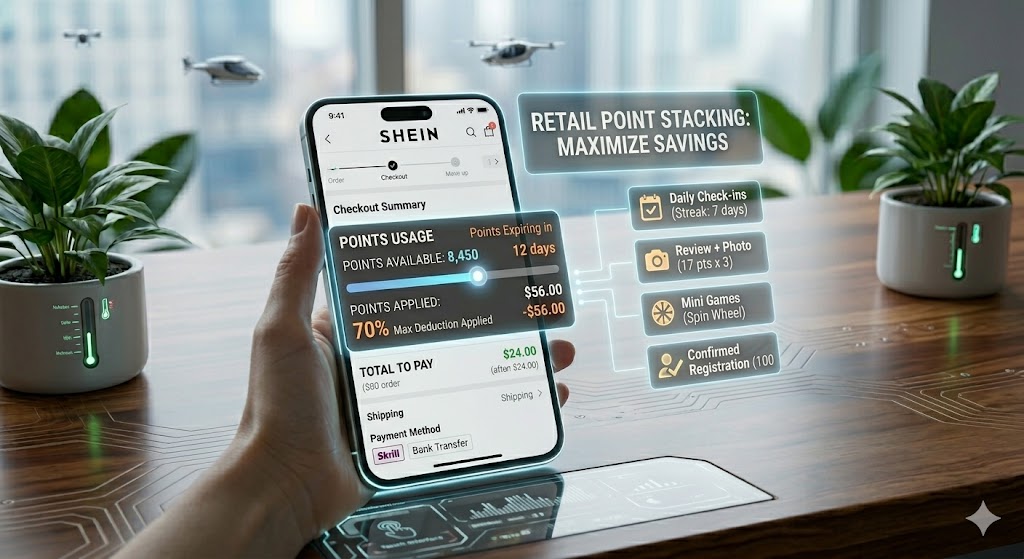 A hand holds a smartphone displaying the SHEIN mobile app checkout screen