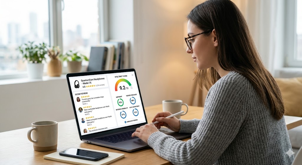 A consumer uses a laptop displaying a side-by-side view of text-based customer reviews and structured data analytics, including a trust score gauge