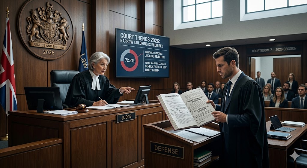A modern 2026 courtroom with a digital screen displaying legal trends and a barrister holding a complex contract