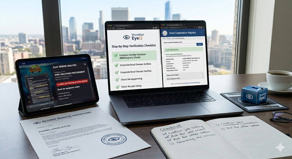 A close-up photograph capturing a job seeker's active vetting process. A laptop displays the 'Step-by-Step Verification Checklist'