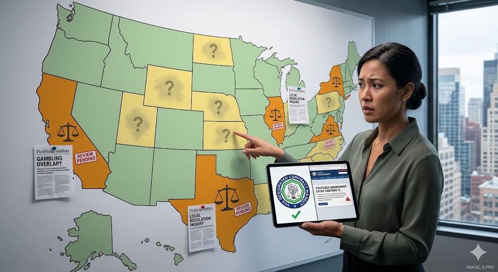 A professional stands before a US map where individual states are shaded differently with balance scales and question marks, visually representing the regulatory gray areas and ongoing reviews