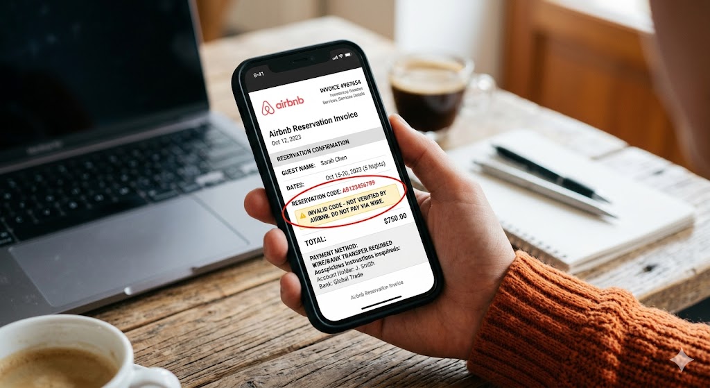 A person holding a smartphone displaying a fake Airbnb invoice that requests a wire transfer