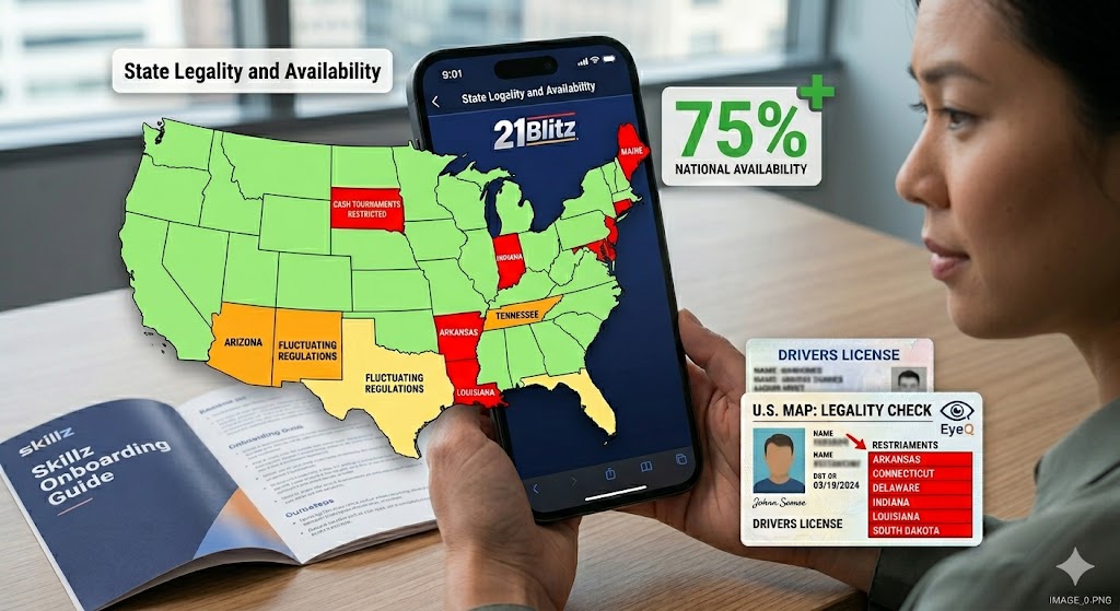 A woman looks attentively at a smartphone screen displaying a 21 Blitz U.S. map interface showing 'State Legality and Availability.'