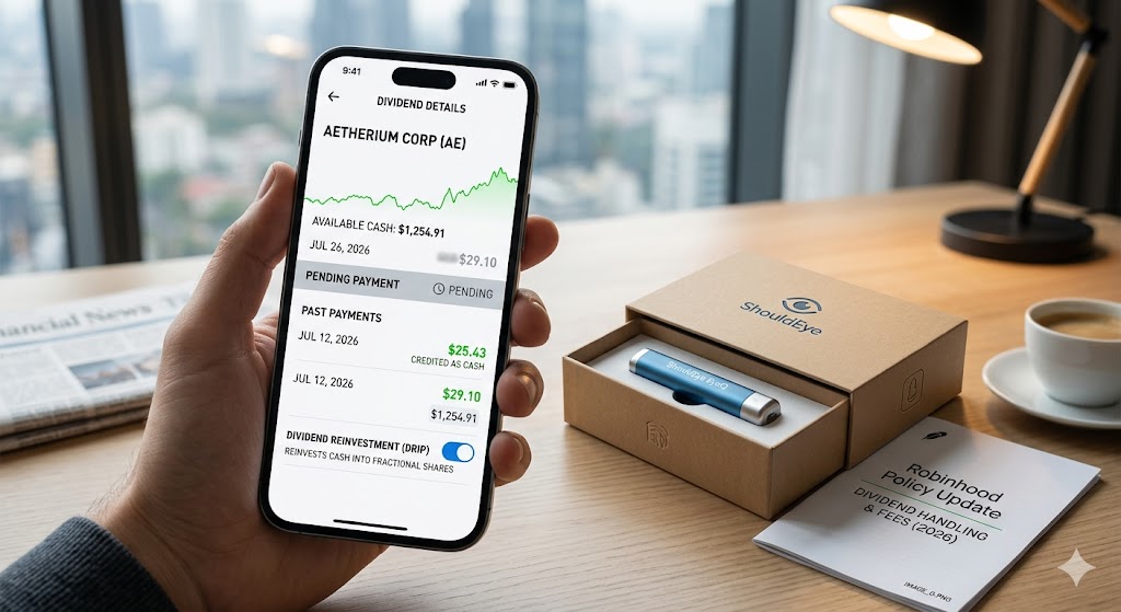 A hand holds a smartphone displaying the Robinhood app interface