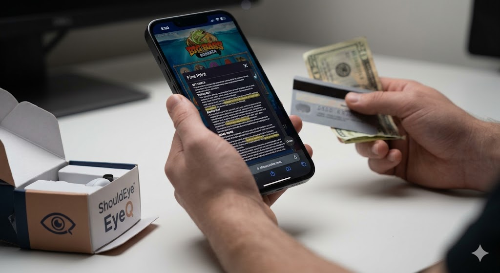 A person holds a smartphone displaying the complex terms and conditions for "Big Bass Bonanza,"