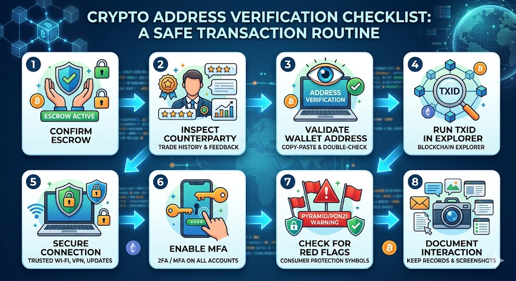 An infographic detailing an eight-step crypto address verification checklist, titled "Crypto Address Verification Checklist: A Safe Transaction Routine."
