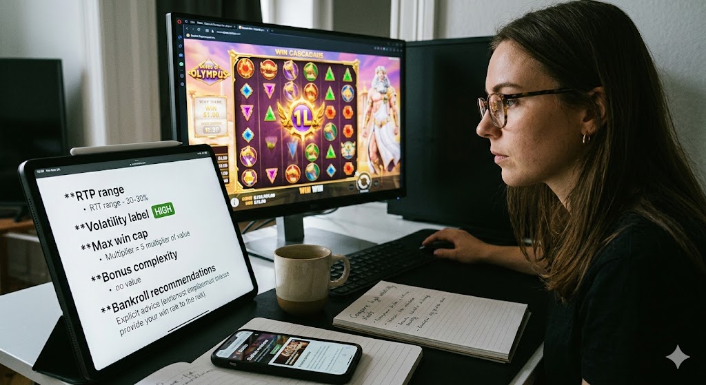 A woman analyzes a comparison guide for online slots