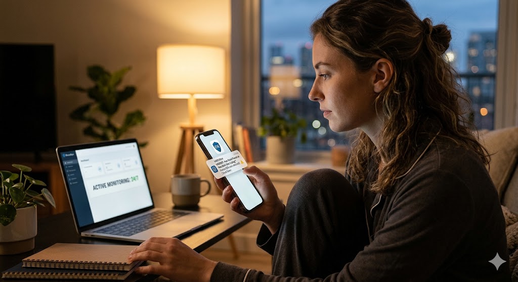 A woman looks at a smartphone alert showing a push notification that reads: "URGENT: Your Email Found on New Dark Web Listing | (Name/SSN data detected) | Check Now"