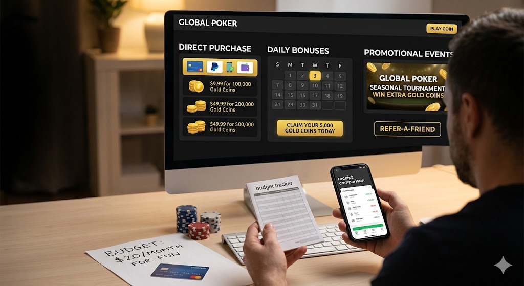 A person with a budget tracker manages digital gold coin purchases