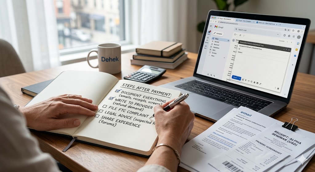 A hand writes in a checked-off notebook, documenting steps after realizing a scam payment