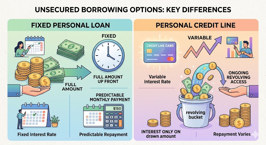 An infographic comparing two unsecured borrowing options: a Fixed Personal Loan and a Personal Credit Line