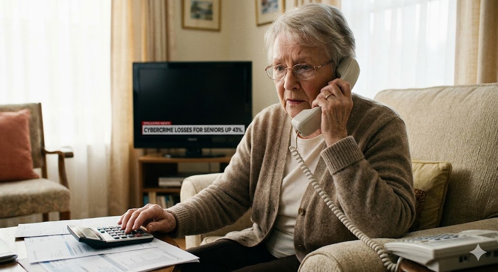 An elderly woman on the phone using a calculator
