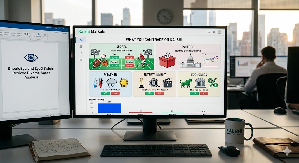 A computer monitor displaying a "Kalshi Markets" interface, showcasing a graphic breakdown of categories users can trade